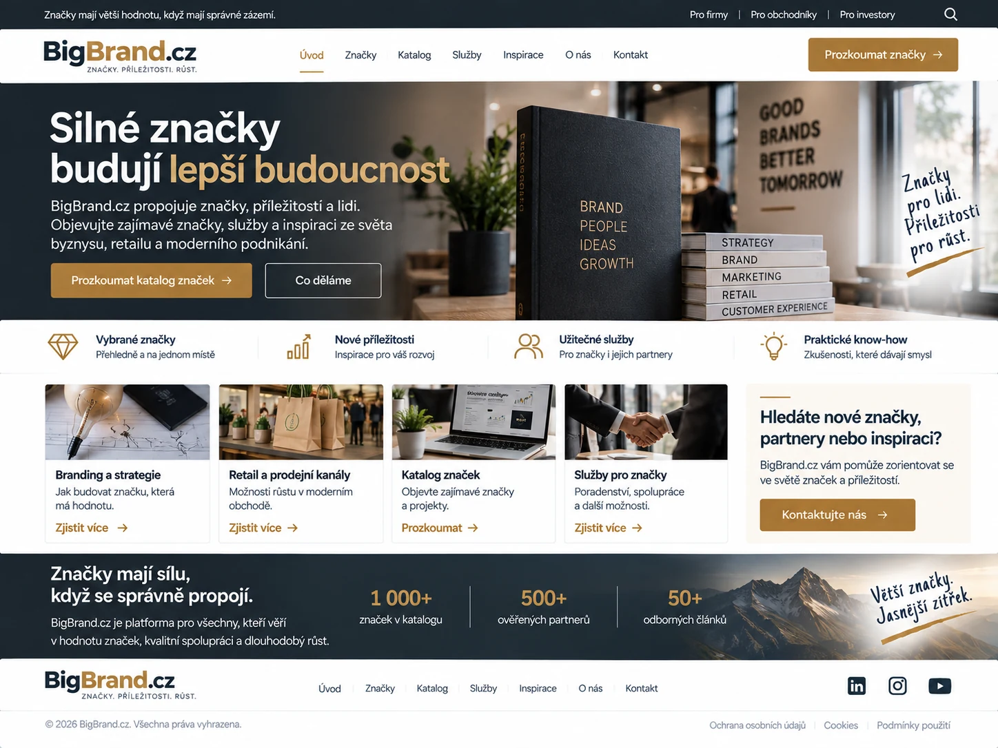 Ilustrační návrh webu BigBrand.cz s katalogem značek, brandingovými službami a obsahem o retailu